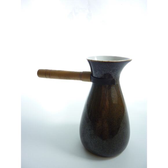 Vintage Brown Ceramic Creamer Pitcher Wood Handle, Rustic Coffee Tea Station - Picture 1 of 5